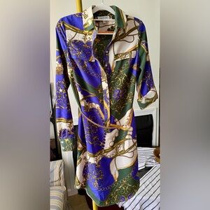 Blue and Purple Long Sleeve Notched Collar Dress